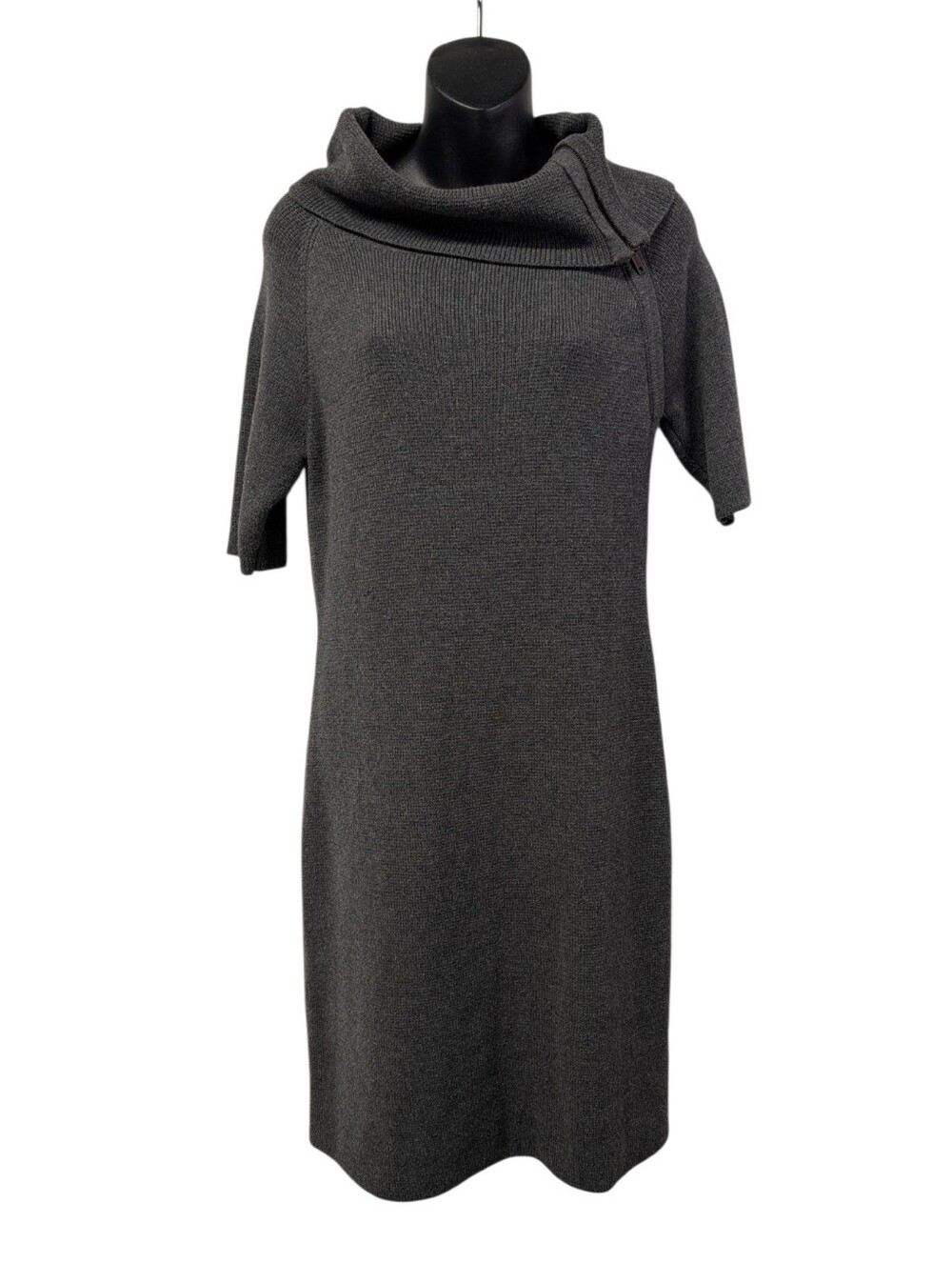 Liz Claiborne Women's Gray Knit Sweater Dress Cowl Neck Zip Accent Size M